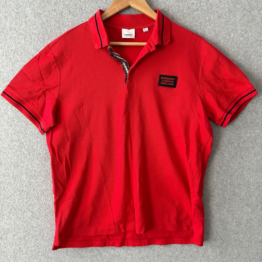 Burberry Red Rubber Logo Patch Polo Shirt Short Sleeve Cotton Men's Size XL